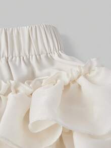 ROMWE Kawaii Saia-Shorts Feminina de Cintura Elástica com Babados Sobrepostos em Cor Sólida