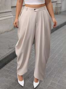 INAWLY 大码女式纯色口袋宽松休闲褶皱裤 - 杏色 - 查看 3