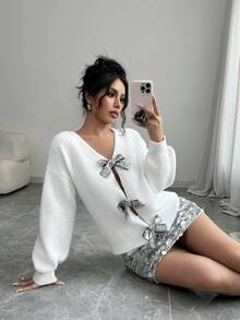 Selianne Maglione da donna versatile e alla moda, con paillettes e fiocco decorativo, reversibile e senza schienale, adatto per l'autunno/inverno