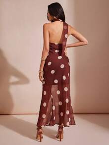 L'Amorae 女士波点雪纺垂领连衣裙，围巾，休闲垂领中长款 - 藍白色 - 查看 3