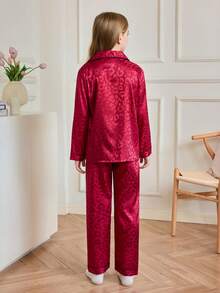 SHEIN 少女仿丝豹纹提花酒红色长袖睡衣套装 - 酒紅色 - 查看 3