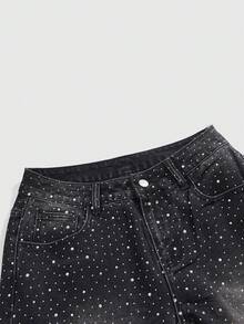 ROMWE J-Fashion Y2K街头风铆钉十字牛仔七分裤 - 黑色 - 查看 5