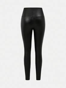 SHEIN Tween Girls' Casual Knit PU Solid Black Color High Waist Leggings Autumn Winter Outfits Black Outfits - Black - View 8