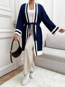 EURMUSE Woman Striped Waist Tie Long Warm Winter Cardigan - Navy Blue - View 3