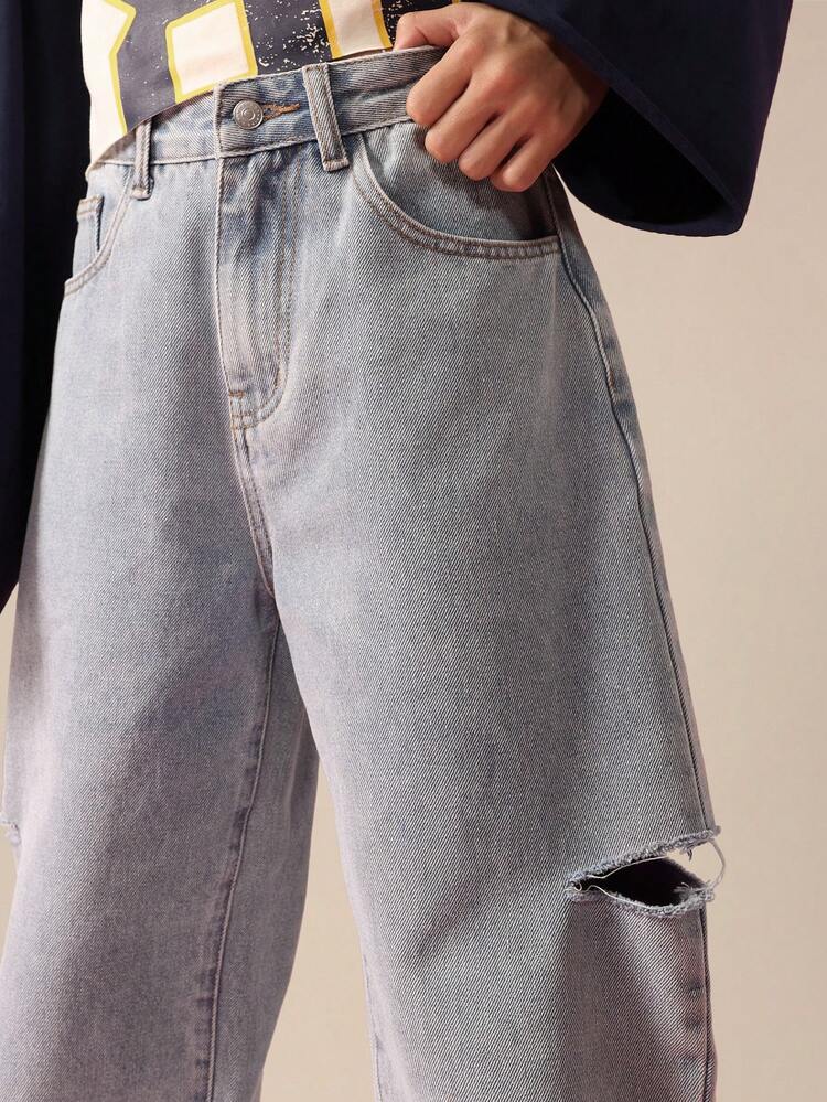Loose Fit Barrel Leg Jeans With Ripped Knees