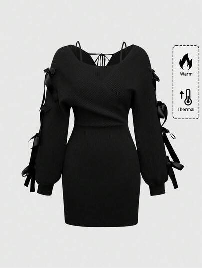 Kawaii Romantic Ribbon & Bow Decor Fitted Sweater Dress For Women