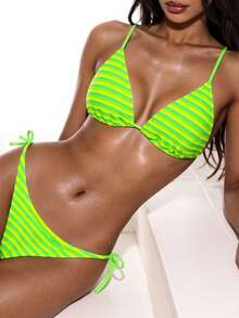 Swim Basics Summer Beach Striped V-Neck Halter Neck Bikini Set - Lime Green - View 4