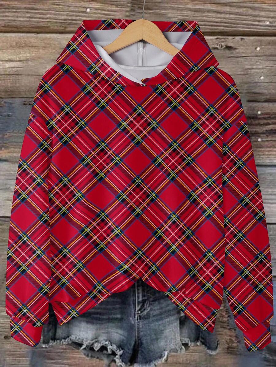 EMERY ROSE Felpa casual con stampa a quadri e maniche a lanterna, adatta per feste/inverno, felpa rossa, Capodanno, per donne, inverno per donne, inverno per donne, felpa invernale da donna - Multicolore - Visualizzare 1