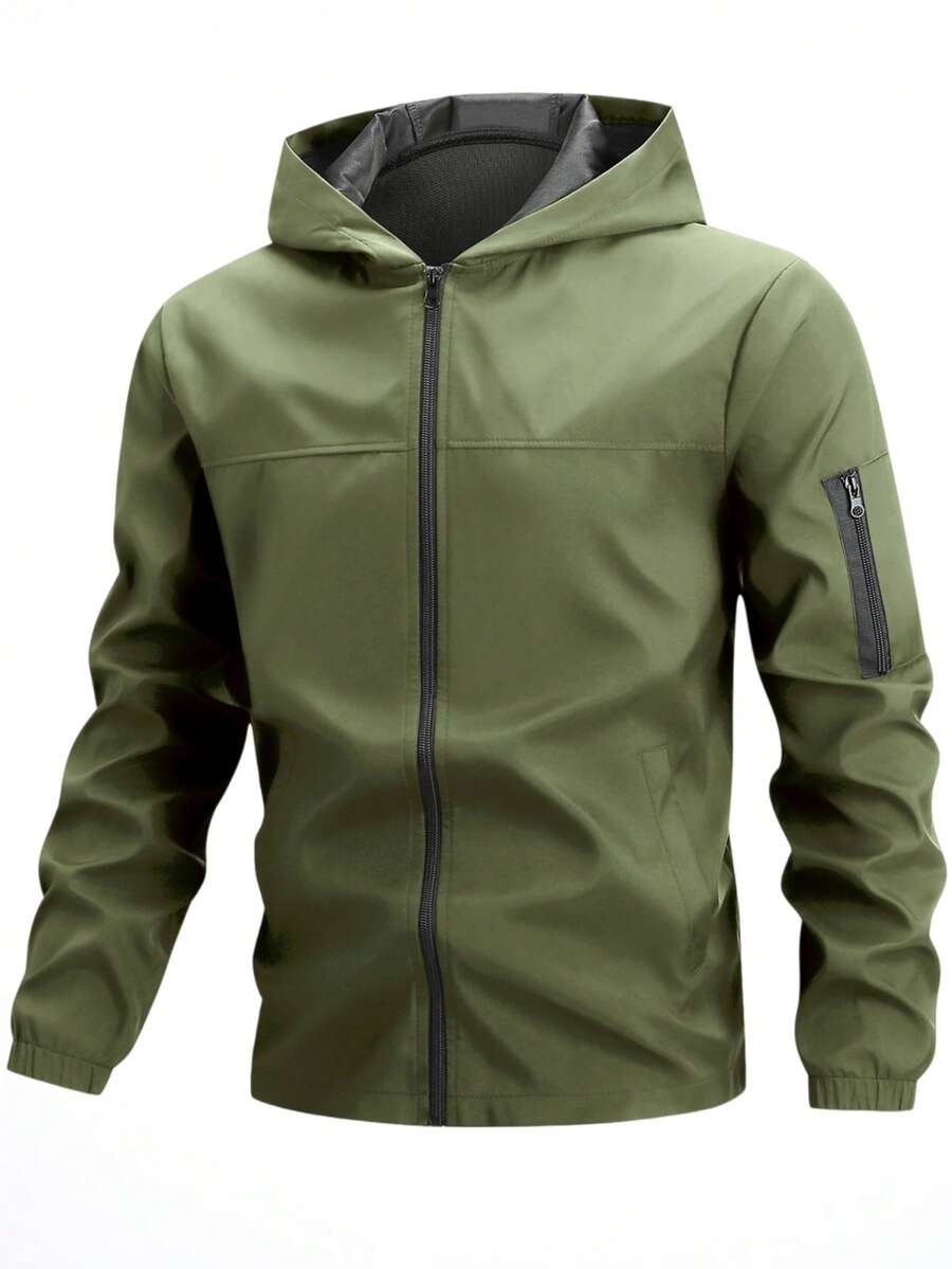 Manfinity Homme Men Light Grey Fabric Hooded Long Sleeve Outdoor Jacket For Sports And Outdoor Activities,Tech Wear Jacket, Fall - Green - View 1