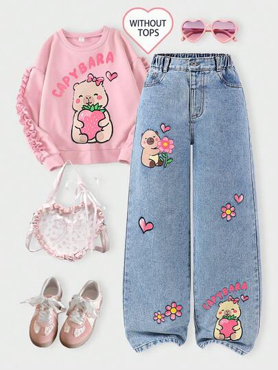 SHEIN Tween Girls Capybara Cartoon Print Denim Jeans, Cute & Sweet Fashion For Everyday Wear, School, Weekends, Back To School Season, Vacation
