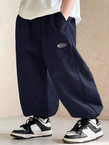 SHEIN 1pc Young Boys' Casual Korean Style Pocketed Drawstring Waist Soft & Comfortable Relaxed Fit Pants, Versatile For Daily Wear, School, Outings, Sports, Spring & Autumn Burgundy Boho Goth Y2k Rave Vacation Holiday Festival Christmas Fall Winter Thanksgiving Winter Clothes Vintage Casual Cozy - Navy Blue - View 3