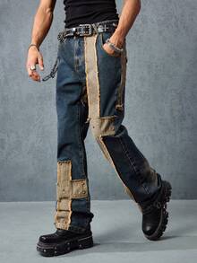 ROMWE MEN Grunge Punk Men's KPOP Punk Bell-Bottom Distressed Blue Jeans - Blue - View 7