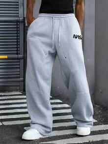 ROMWE MEN Solid Color Straight Leg Loose Fit Casual Sports Pants, Unisex Street Style - Light Grey - View 4