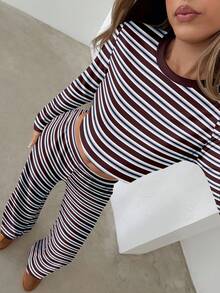 Aloruh Ensemble pyjama décontracté pour femme, comprenant un t-shirt col rond à manches longues rayé et un pantalon droit décontracté rayé. Convient pour le port quotidien, les sports, l'automne/l'hiver - Blanc - Voir 1