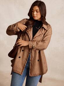 EMERY ROSE Plus Size Women Vintage Lapel Double-Breasted Cinched Waist Trench Coat, Brown Denim Effect Mid-Length Trench Coats Jacket For Autumn, Casual Office Street Style - Mocha Brown - View 8