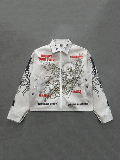 Men's Khaki Corduroy Jacket With Angel Print Pattern, Autumn/Winter