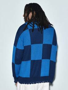 Modcrash Casual Loose Fit Button-Up Cardigan With Long Sleeve, V-Neck, Plaid Pattern, Letter Print, Streetwear Style, Suitable For Spring, Autumn, Winter - Blue - View 5