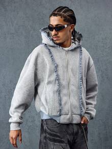 ROMWE MEN Street Life Sweat-shirt-shirt à capuche zippé avec garniture à volants, manches longues, style décontracté pour hommes