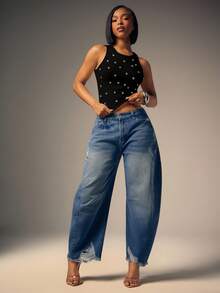 Denimoi Top alla moda senza maniche con collo rotondo e borchie