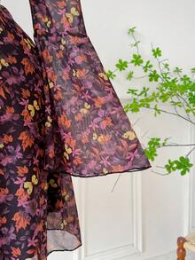 SHEIN EZwear Plus Size Casual Brown Maple Leaf Print Long Sleeve Dress, Autumn/Winter Musera Dress Floral Dress Elegant Autumn Dress