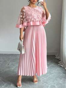 Elenzga Plus Size Women Elegant Pleated Floral Dress, Light Formal Dress - Pink - View 3