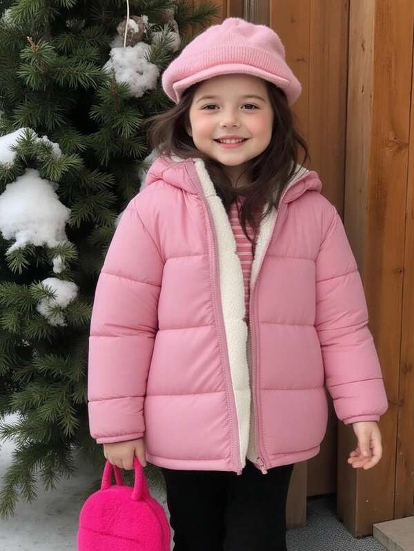 Emery Rose Kids Emery Rose Kids Girls Plain Woven Casual Hooded Zipper Padded Coat Girls Winter Coat With Hood Kids Winter Jacket Girls Puffer Jacket Kids Coats Girls Pink Winter Coat For Girls Fall