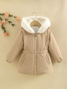 Elladie kids Áo khoác cotton cổ lông cho bé gái, áo khoác mùa đông dáng ôm cho bé gái, áo khoác mùa thu đông thanh lịch cho bé gái, váy áo mùa thu đông cho bé gái. - Màu Khaki - Xem 3