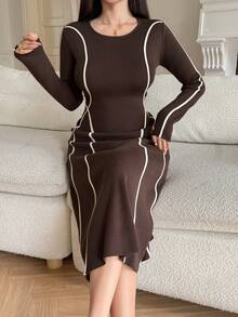 DAZY Women's Elegant Color Block Patchwork Sweater Dress, Autumn/Winter - Brown - View 5