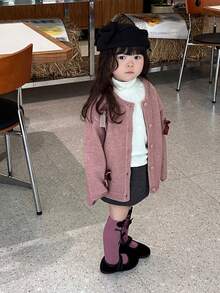 DAZY 女婴圆领蝴蝶结装饰长袖开衫，韩版，秋冬春季幼儿女童服装 - 咖啡棕 - 查看 4