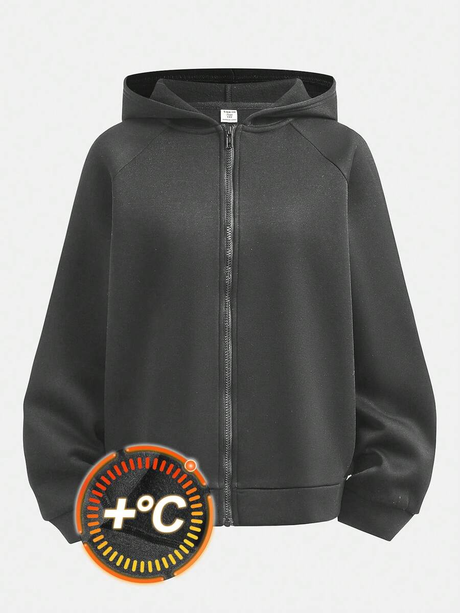 SHEIN 少女灰色保暖内衬卫衣，纯色长袖百搭套头衫，秋冬季休闲校园风卫衣 - 深灰色 - 查看 1