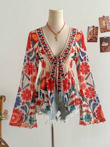 Soleia Women's Vacation Knit Mesh Vintage Floral V-Neck Long Flare Sleeve Front Tie Blouse For Party, Christmas, Date, Nightclub, Bohemian, Boho, Vacation, Fall