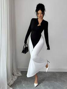 Elenzga Vestido ajustado elegante con bloque de color y drapeado para mujer - Blanco y Negro - Ver 3