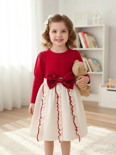 SHEIN Girls Sweet Elegant Round Neck Long Sleeve Maxi Sweater Dress, Red