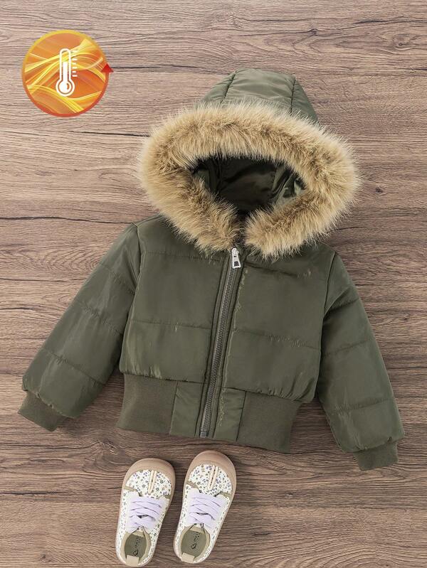 Dziewczęcy (mały) czarny, gruby, prążkowany, dopasowany, modny, ocieplany płaszcz z kapturem i wysokim stanem, uniwersalny, swobodny ubiór wierzchni na jesień/zimę