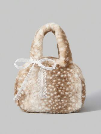 Fairycore 1 pieza Bolso de mano pequeño de dama de color caqui, de moda, portátil, con lazo de encaje y peluche