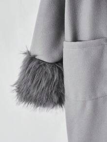 SHEIN Tween Girls' Casual Minimalist Collar Overcoat, With Fur Collar And Two Pockets, Suitable For Autumn/Winter Outings, Commuting, Walking, Shopping, Can Be Paired With Long Sleeve, Sweater, Pants