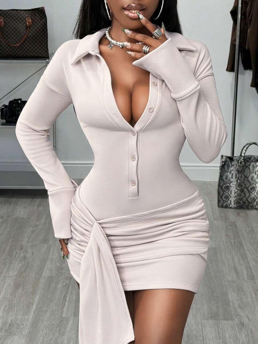 BamGleam Women's Casual Solid Color Pleated Mini Dress - Grey - View 1