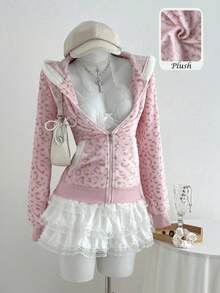 Elamini 1pc Soft Fleece Leopard Print Zip-Up Hoodie Jacket, Casual Cute Colorblock Design, Suitable For Autumn/Winter, Back To School Season, Leisure & Home Wear For Women