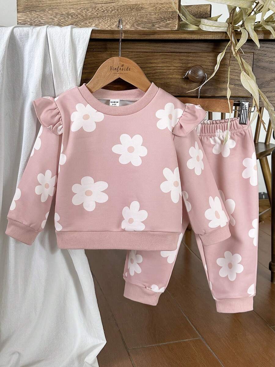 Vintaside Kids Babygirl 幼儿男童圆领长袖秋冬简约百搭清新花卉印花上衣搭配休闲裤套装,适合温和天气下露营、度假或日常休闲 - 粉色 - 查看 1