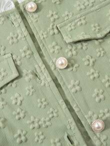 SHEIN 少女优雅提花开襟荷叶边长袖外套搭配简约吊带长裙两件套，适合日常外出、派对和聚会。 - 綠色 - 查看 3