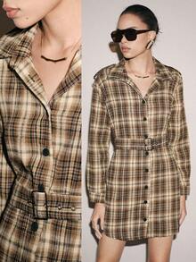 SHEIN Unity Vestido camisa de cintura ceñida a cuadros vintage, vestido de manga larga con solapa y abotonadura sencilla, vestido elegante de ajuste ceñido versátil para el trabajo y el otoño/invierno - Caqui - Ver 9