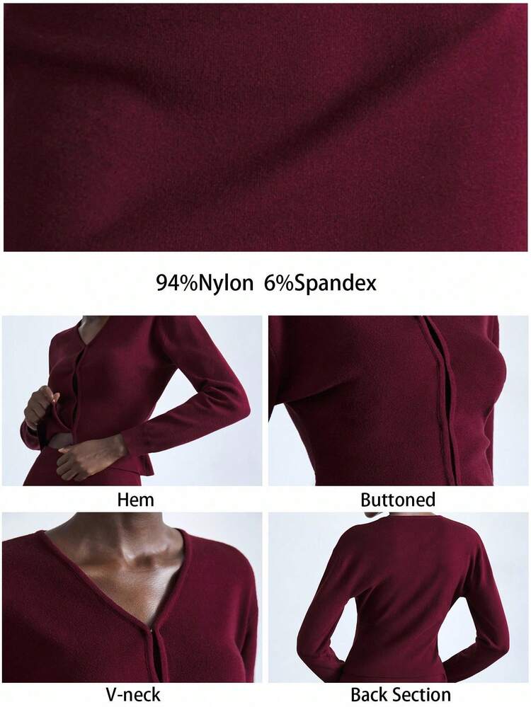 SHEIN Maija Women's Burgundy Angora Knitted V-Neck Long Sleeve Cardigan And High Waist Knitted Skirt, Comfortable Slim-Fit, Versatile For All Seasons, Elegant Urban Chic Business Casual Office Wear In Fall/Winter, Christmas