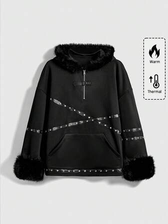 Plus Size Gothic Street Asymmetric Cat Ear Pullover Sweatshirt, Rivet Belt Patch Studded Fluffy Hooded Half-Zip Pullover Sweatshirt, Plus Size Casual Women Pullover Sweatshirt Jacket, Autumn/Winter Street Avant-Garde Fashion Punk Goth Plus Size Women Top, Black Fleece Pullover Sweatshirt