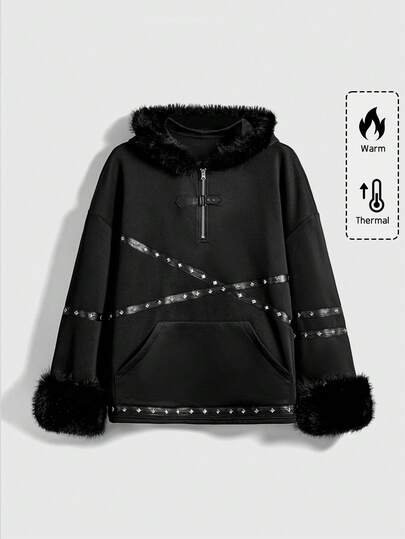 Plus Size Gothic Street Asymmetric Cat Ear Pullover Sweatshirt, Rivet Belt Patch Studded Fluffy Hooded Half-Zip Pullover Sweatshirt, Plus Size Casual Women Pullover Sweatshirt Jacket, Autumn/Winter Street Avant-Garde Fashion Punk Goth Plus Size Women Top, Black Fleece Pullover Sweatshirt
