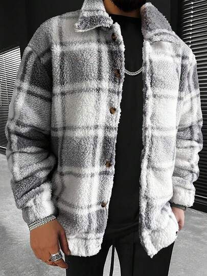 Manfinity Homme Men Plaid Pattern Teddy Jacket, Going Out Colorful Long Sleeve Casual Flannel Jacket, For Friends, Husband, Boyfriend Gifts, For Fall Winter