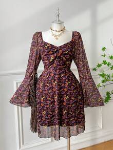 SHEIN EZwear Plus Size Casual Brown Maple Leaf Print Long Sleeve Dress, Autumn/Winter Musera Dress Floral Dress Elegant Autumn Dress