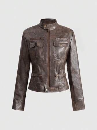 Grunge Punk Vintage Y2K Kpop Baddie Multi-Pocket Fitted Distressed PU Leather Jacket For Women