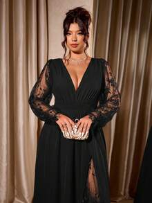 Cravure Plus Size Women's Elegant Deep V-Neck Lace Patchwork Long Sleeve High Slit Maxi Dress, Suitable For Graduation, Holidays, Valentine's Day, Christmas, Music Festivals, Mother's Day, Halloween, Thanksgiving, Easter, National Day, Balls, Dates, Parties, Weddings, Outdoor Trips, Etc. - Black - View 6