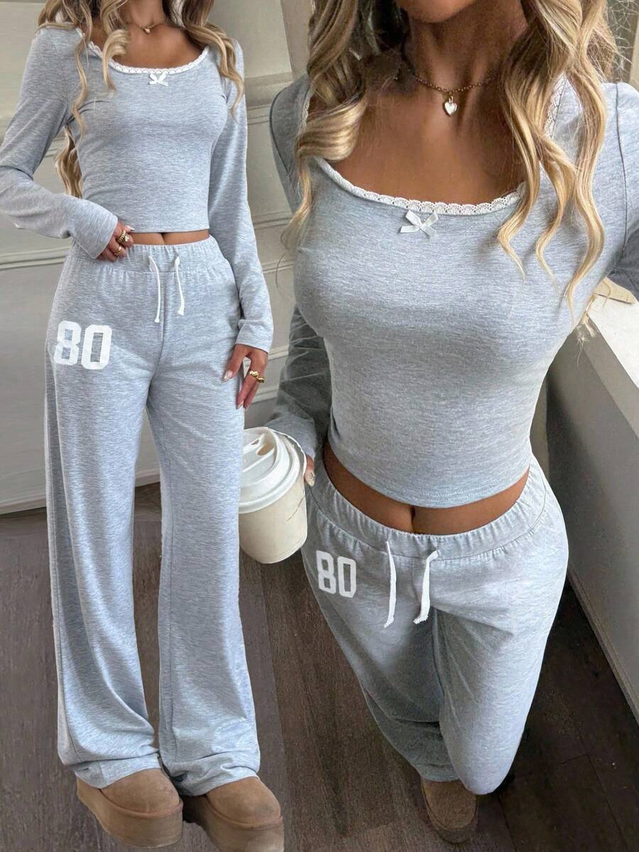 Teen Girls T-Shirt Co-Ords Lace Patchwork Long Sleeve T-Shirt Printed Pattern Drawstring Pants Set