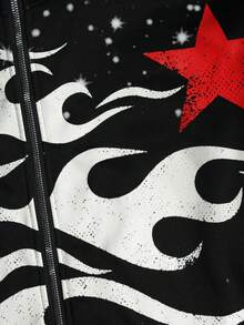 ROMWE MEN Street Life Spring Casual Graphic Stylish Dark Punk Hooded Zip-Up Sweatshirt With Rhinestone Decor For Men, For Winter, Y2K - Black - View 5